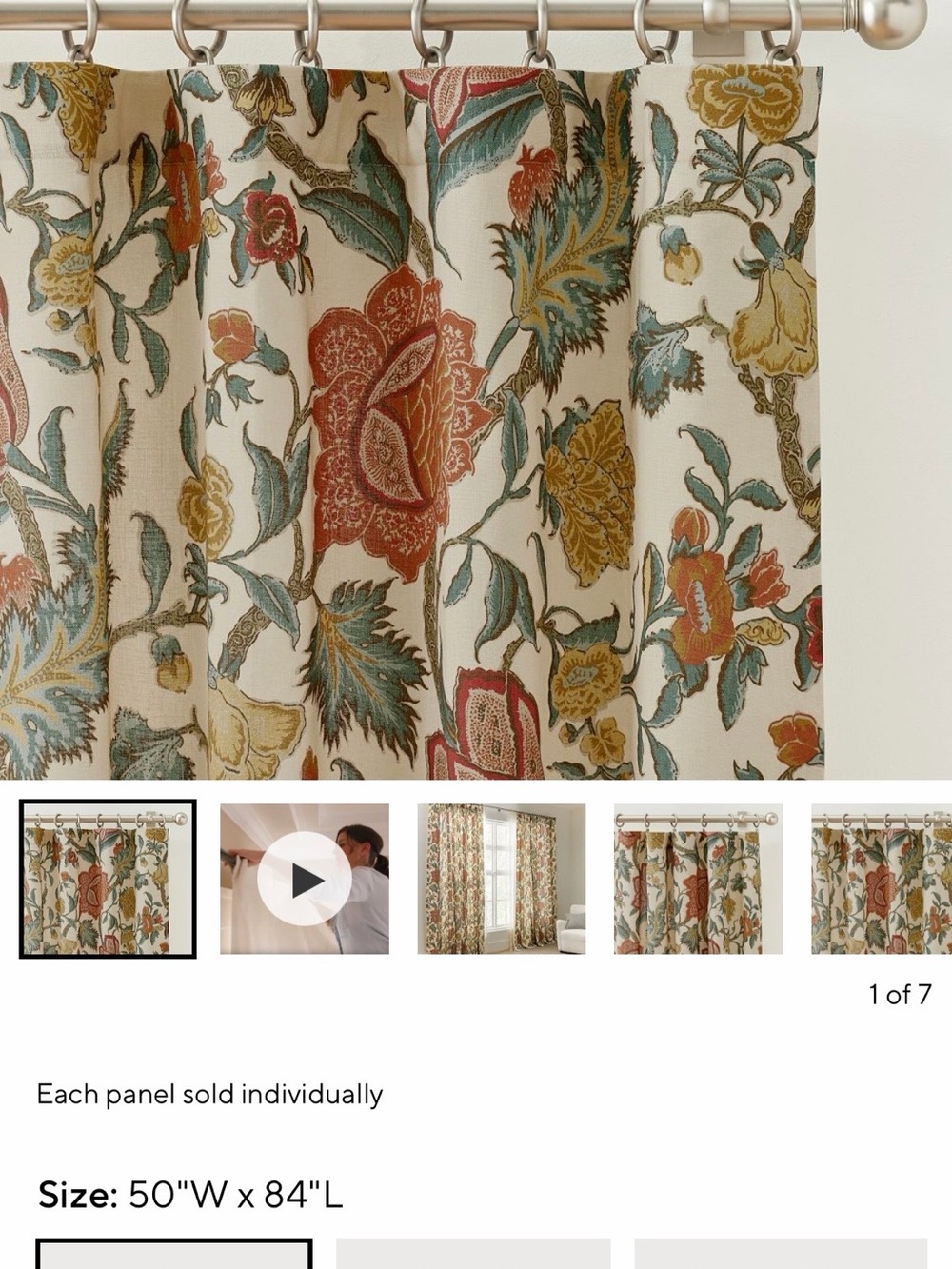 Pottery Barn Floral Curtain Panel in Cream with Red, Teal & Mustard